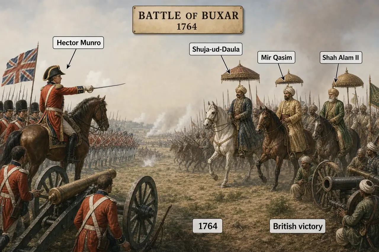 Battle of Buxar in 1764 showing Hector Munro defeating the allied forces of Shuja-ud-Daula, Mir Qasim, and Shah Alam II in north Indian history