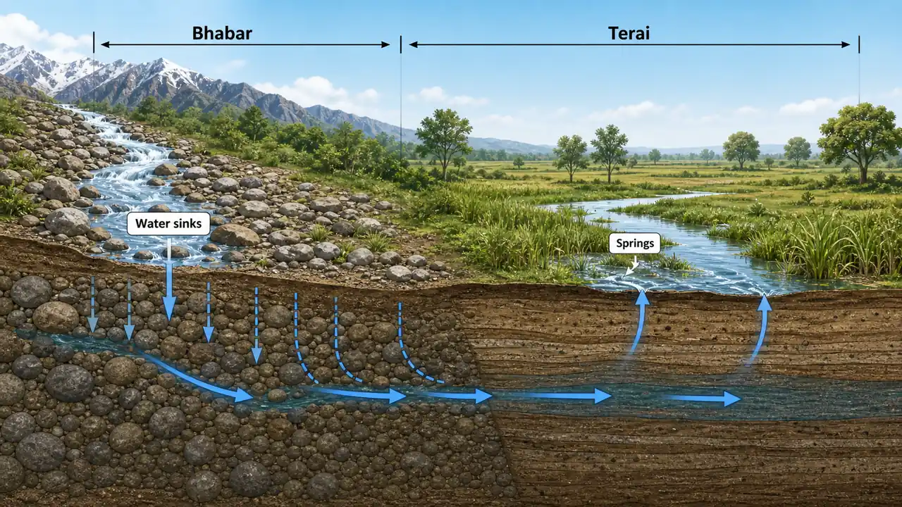 Bhabar and Terai water movement showing streams sinking and springs re-emerging in Uttar Pradesh foothills