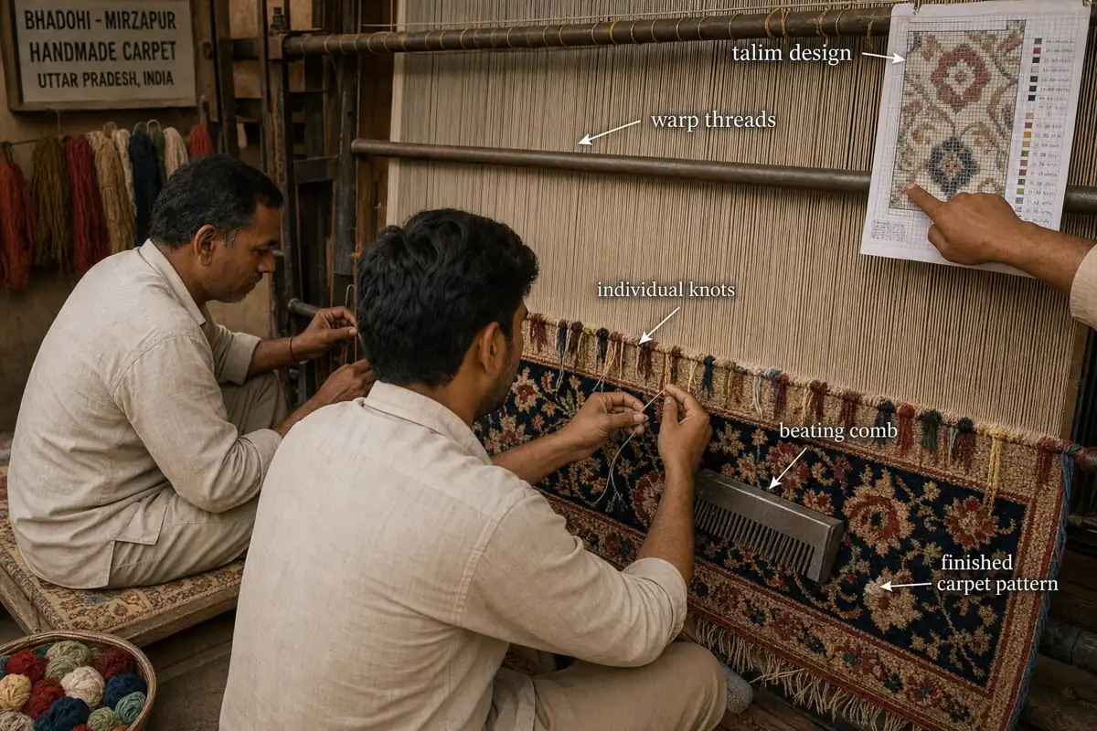 Bhadohi carpet weaving process showing talim design, warp threads, individual knots, beating comb, and a finished carpet pattern on a vertical loom