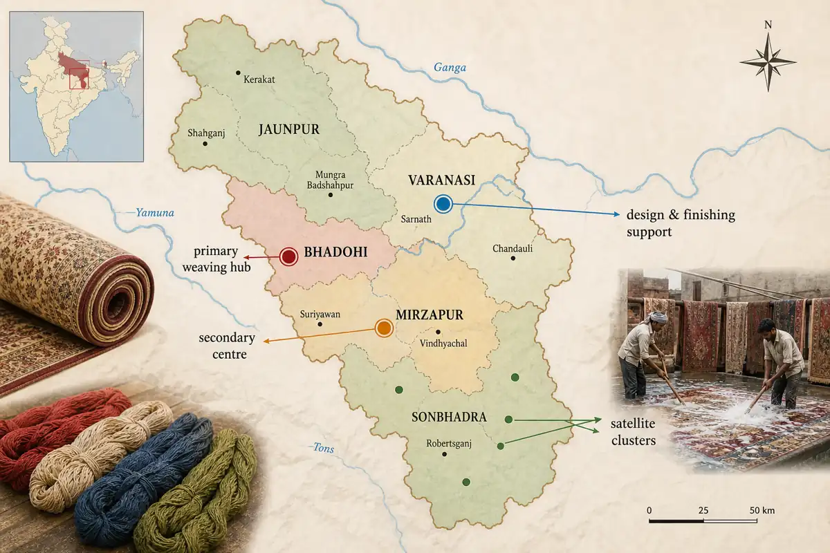Regional map of the Bhadohi-Mirzapur carpet belt showing Bhadohi, Mirzapur, Varanasi, Jaunpur, and Sonbhadra with weaving and finishing cluster cues