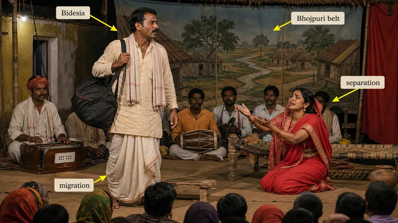 Bidesia folk theatre showing Bhojpuri migration and separation theme in eastern Uttar Pradesh cultural belt