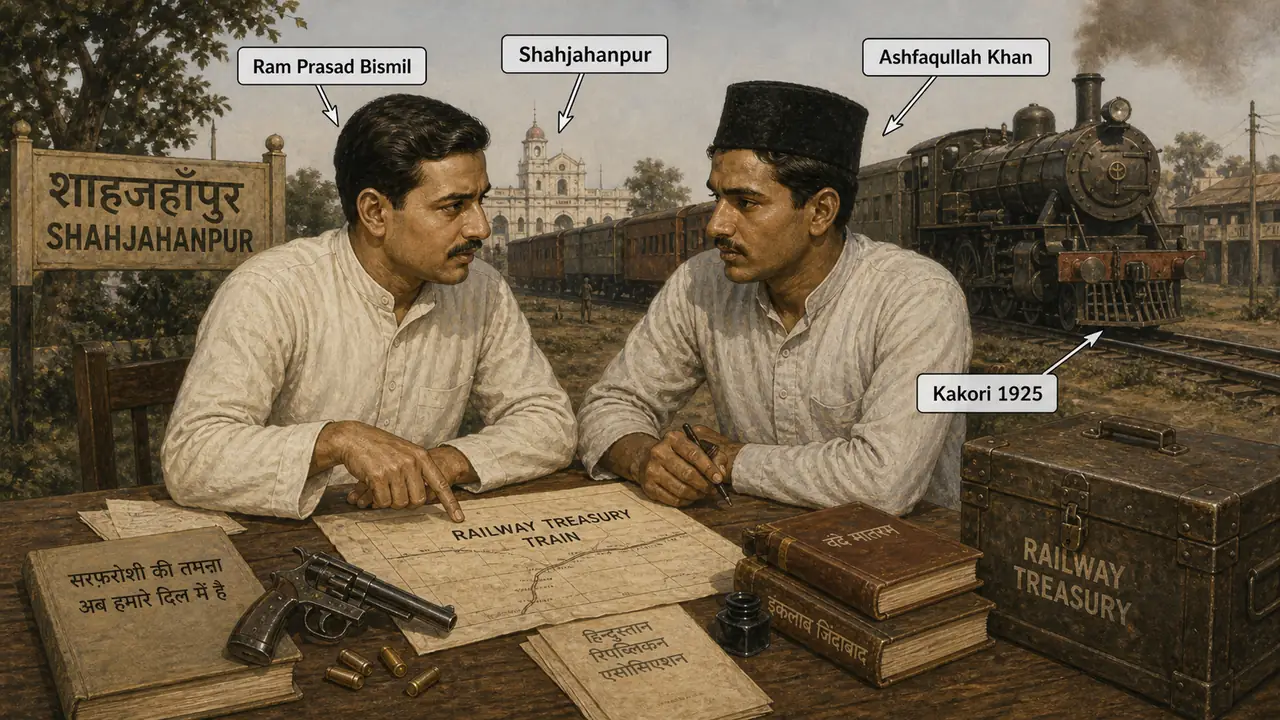 Ram Prasad Bismil and Ashfaqullah Khan in the Kakori revolutionary movement, highlighting Shahjahanpur and the 1925 train treasury action