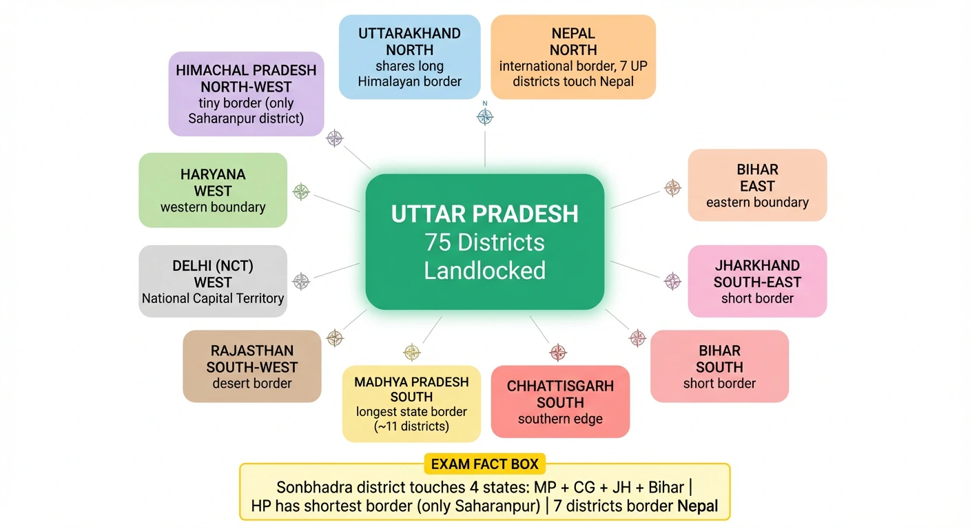 Neighbours of Uttar Pradesh — 9 states and Nepal