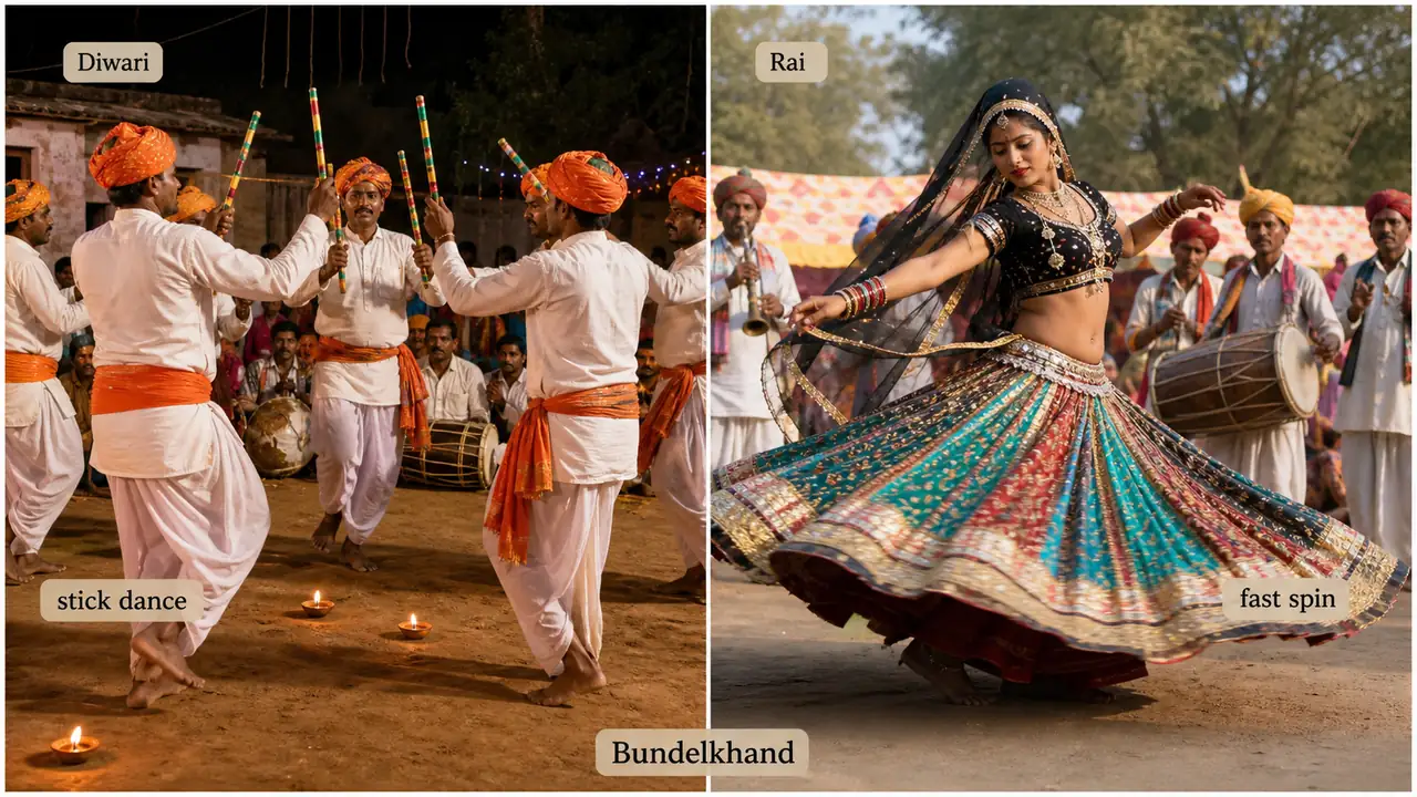 Comparison of Bundelkhand folk dances Diwari stick dance and Rai spinning dance in Uttar Pradesh