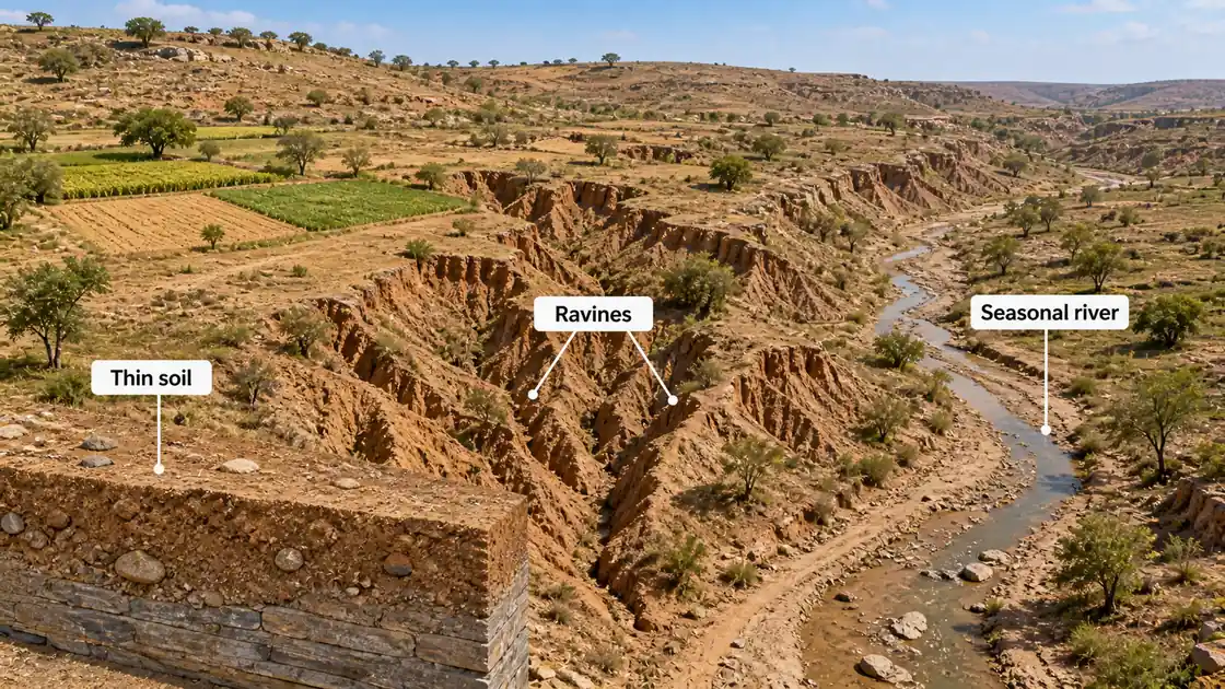Bundelkhand ravine erosion and thin soil over rocky Vindhyan plateau landscape