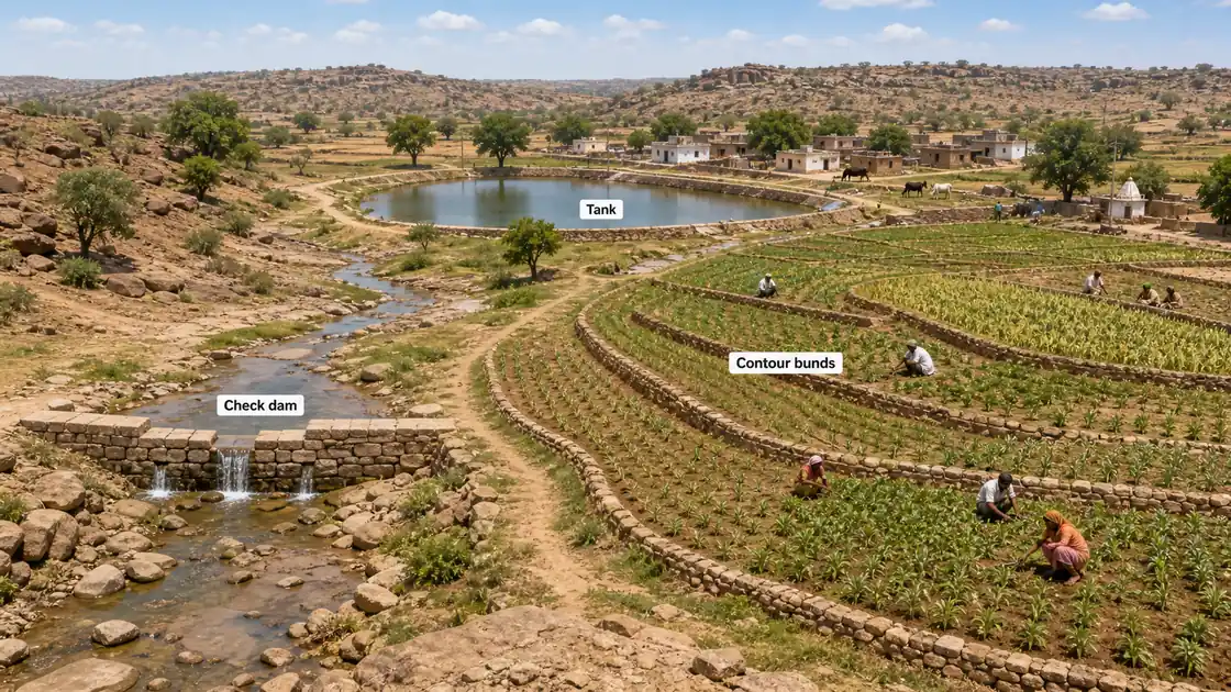 Bundelkhand water conservation using check dam contour bunds and traditional tank