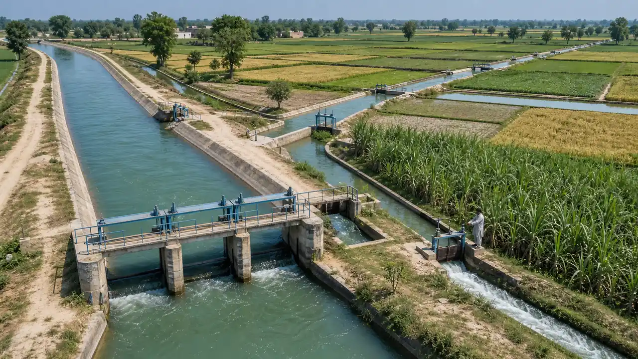 UP canal irrigation network with main canal distributaries field channels and crop fields