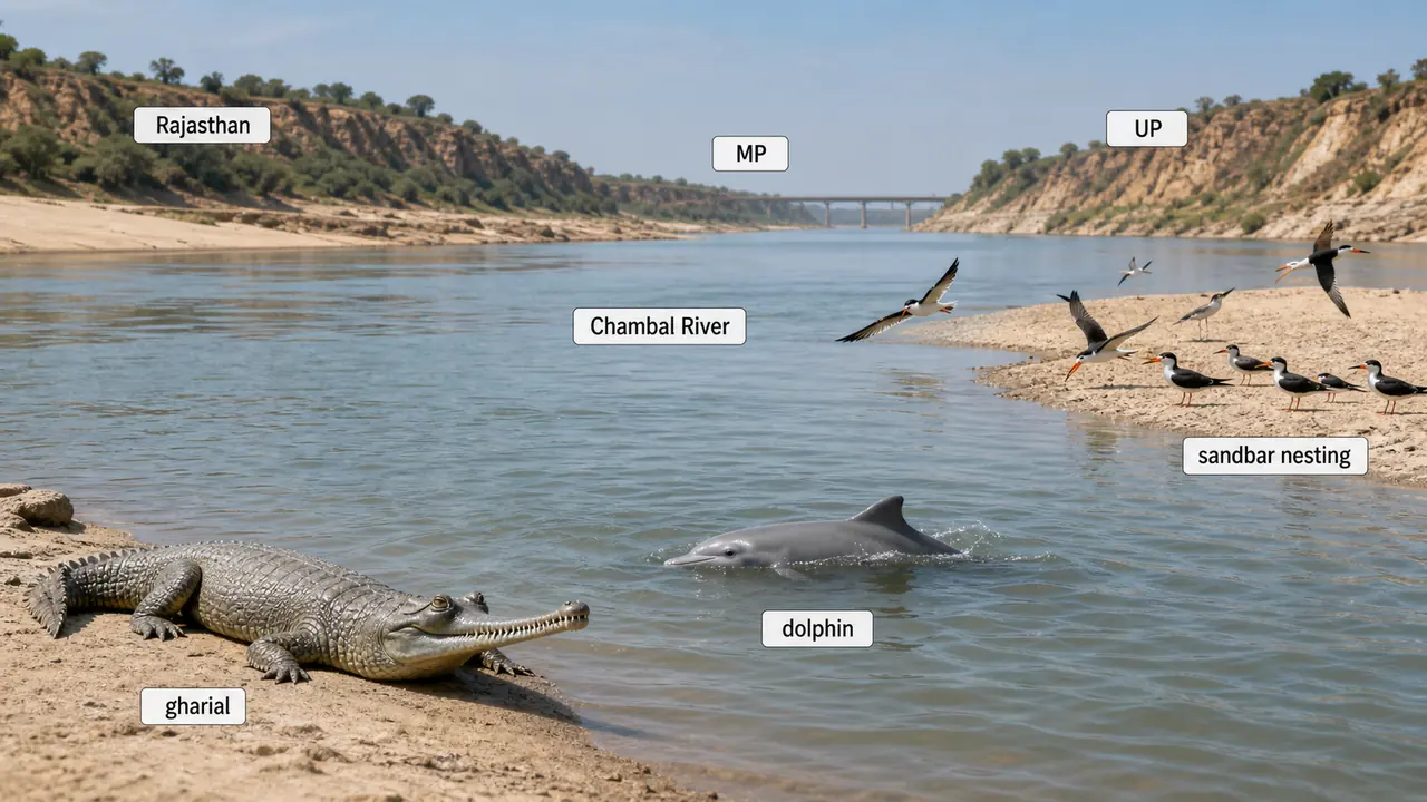 National Chambal Sanctuary river ecosystem in Uttar Pradesh showing gharial dolphin and sandbar nesting habitat