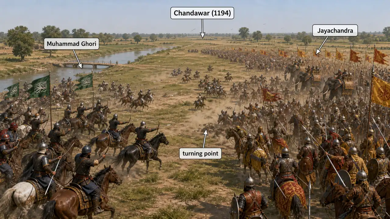 Battle of Chandawar in 1194 showing Muhammad Ghori defeating Jayachandra in a turning point for Uttar Pradesh history