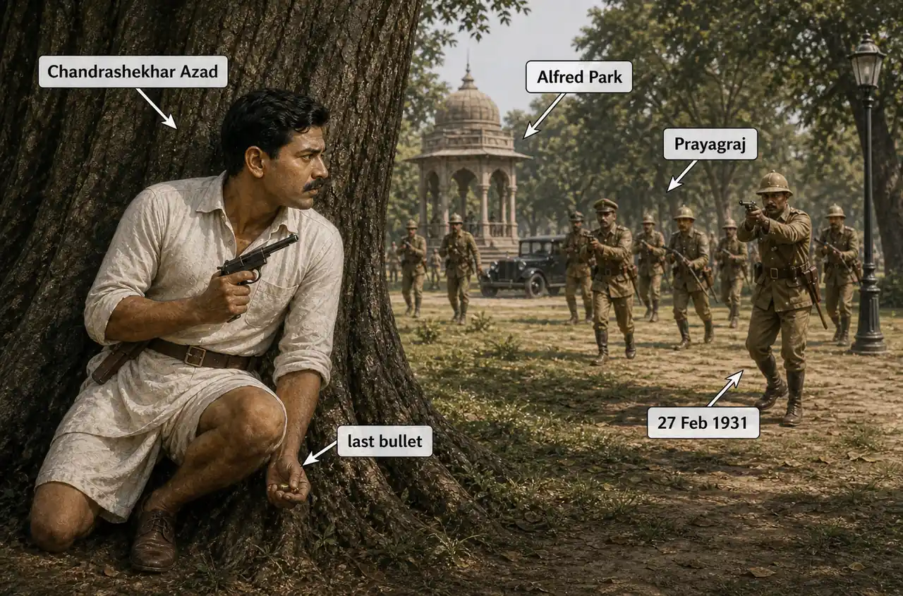 Chandrashekhar Azad at Alfred Park in Prayagraj during his final stand against colonial police in 1931
