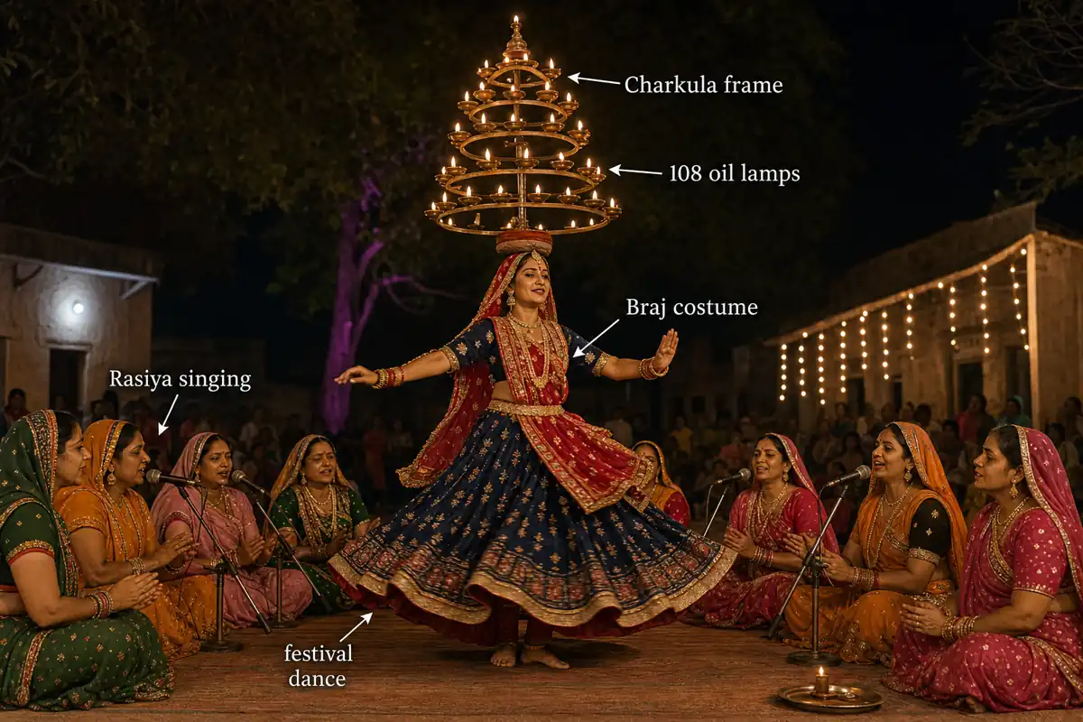 Charkula dance of Braj showing a dancer balancing the lamp frame with 108 oil lamps while women sing Rasiya songs