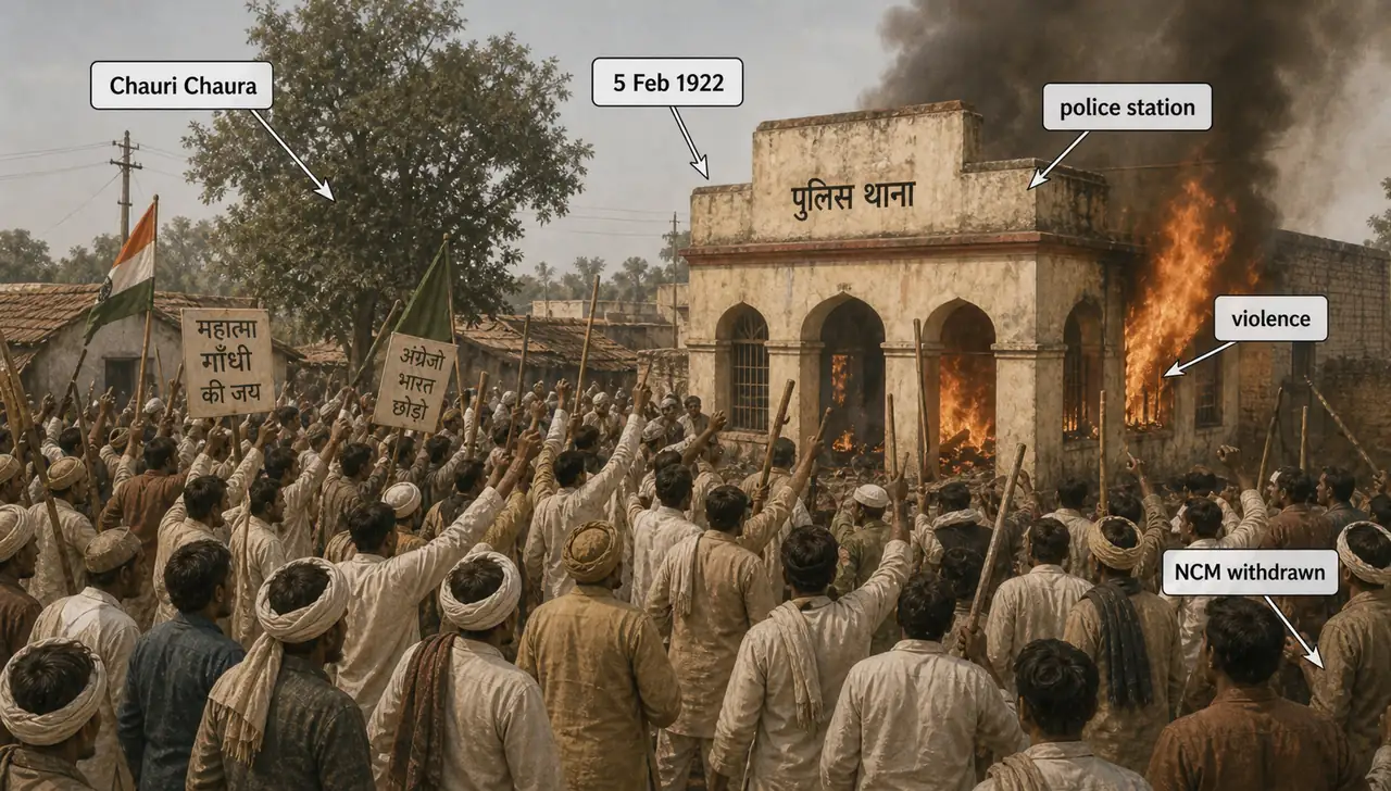 Chauri Chaura incident in Gorakhpur district showing protesters, the police station, and the violence that led Gandhi to withdraw the Non-Cooperation Movement