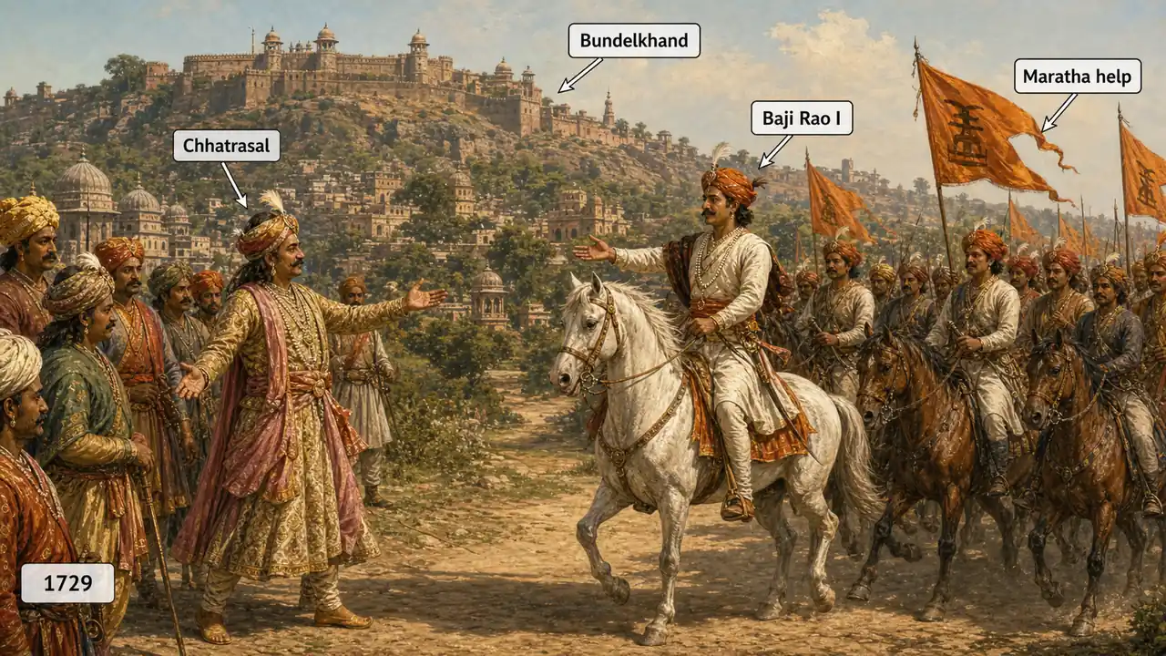 Maharaja Chhatrasal receiving help from Baji Rao I in Bundelkhand, showing the 1729 Maratha alliance that shaped Jhansi's later history