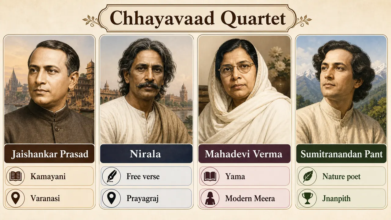 Chhayavaad quartet showing Jaishankar Prasad, Nirala, Mahadevi Verma, and Sumitranandan Pant with their key works and exam associations