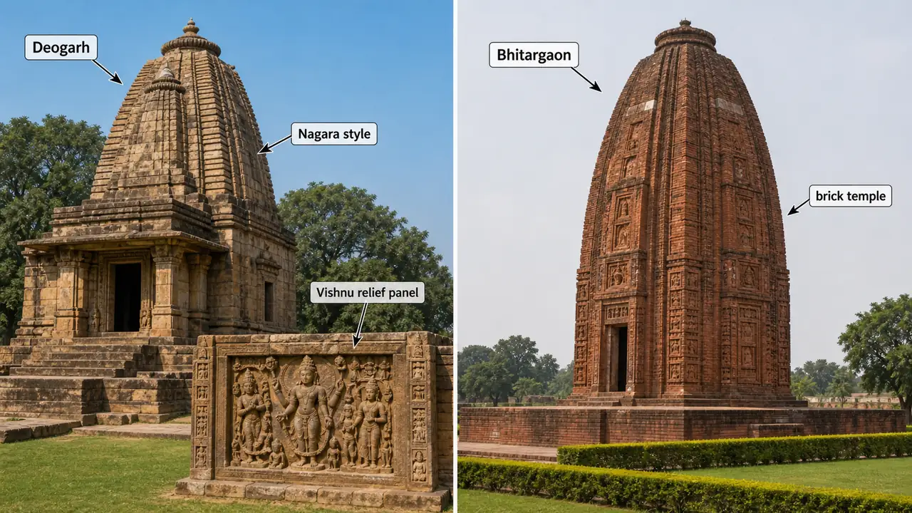 Gupta period temple architecture in Uttar Pradesh showing Deogarh Dashavatara Temple and Bhitargaon Brick Temple