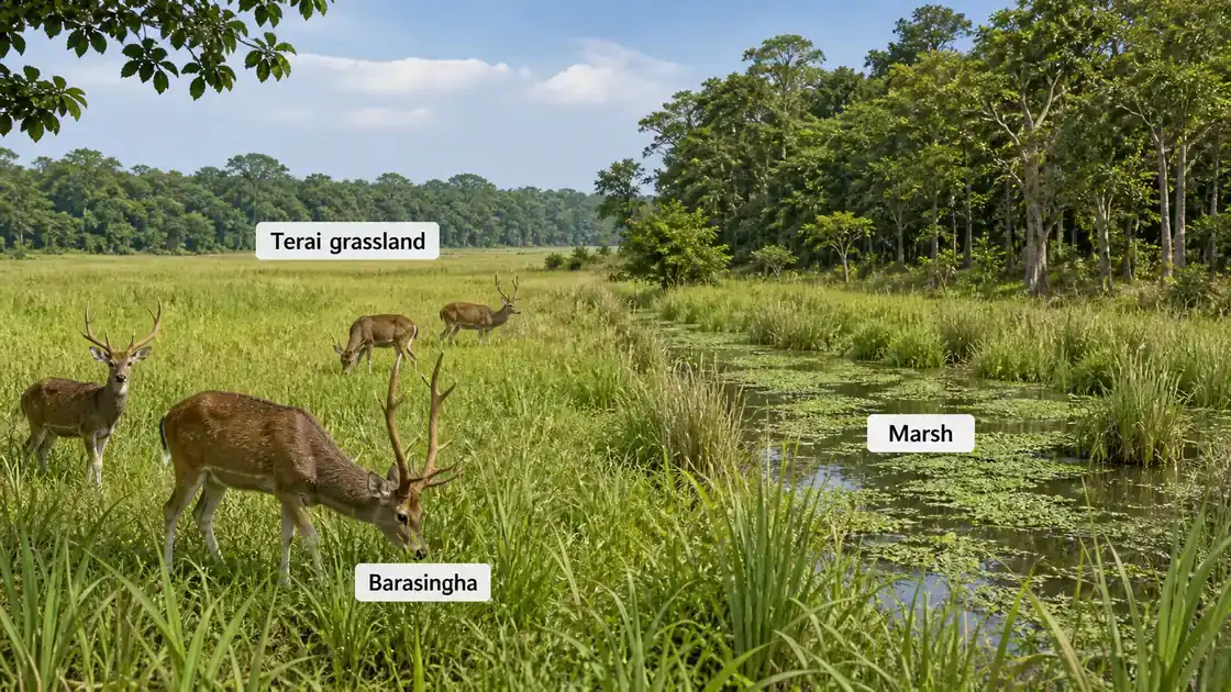 Barasingha swamp deer in Dudhwa Terai grassland habitat of Uttar Pradesh