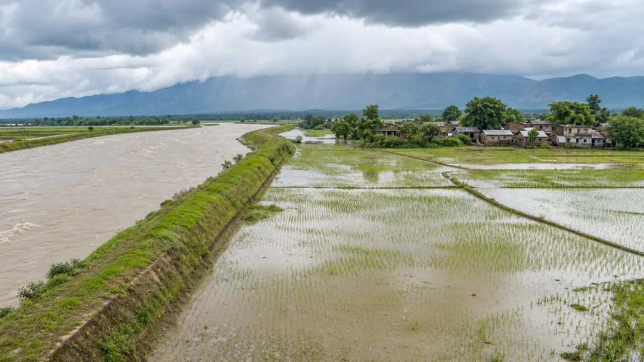 Eastern Uttar Pradesh Himalayan river floodplain with embankment and waterlogged paddy fields