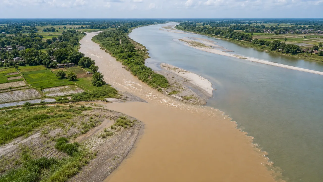 Eastern UP river tributary confluence with sediment bars and floodplain farms