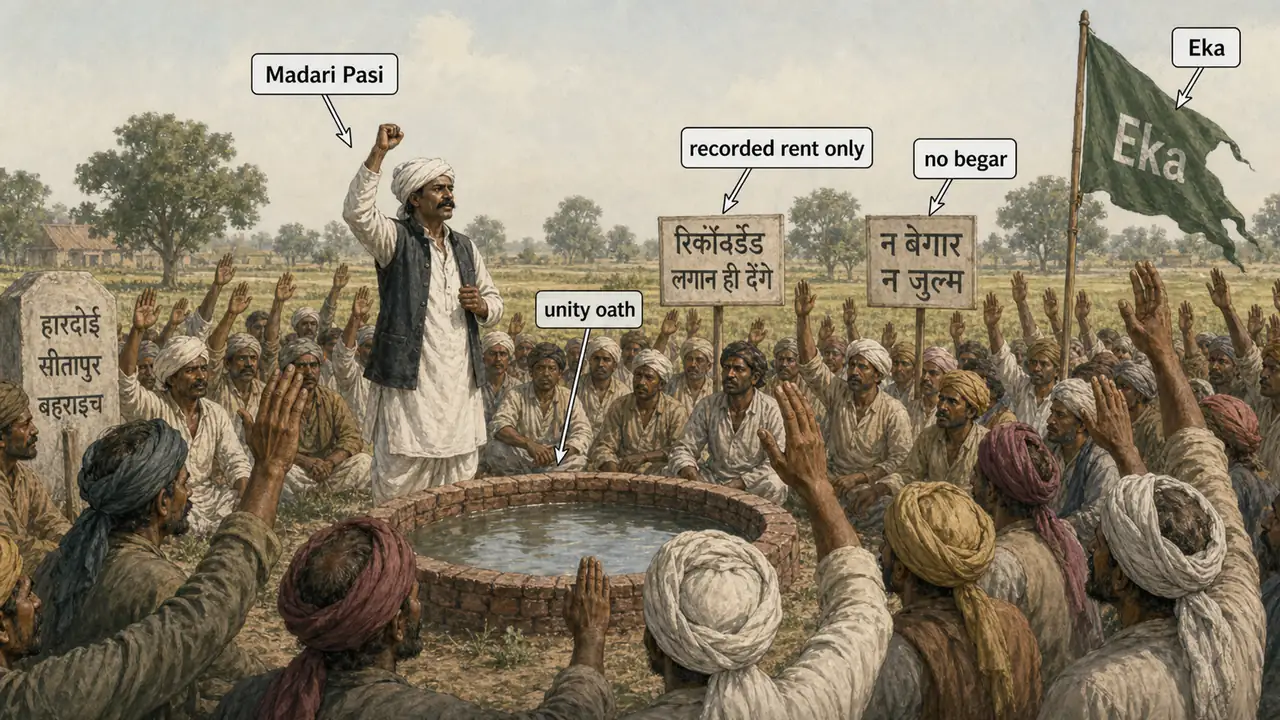 Eka Movement in Awadh showing Madari Pasi leading peasants in a unity oath around a water-filled pit against high rent and begar