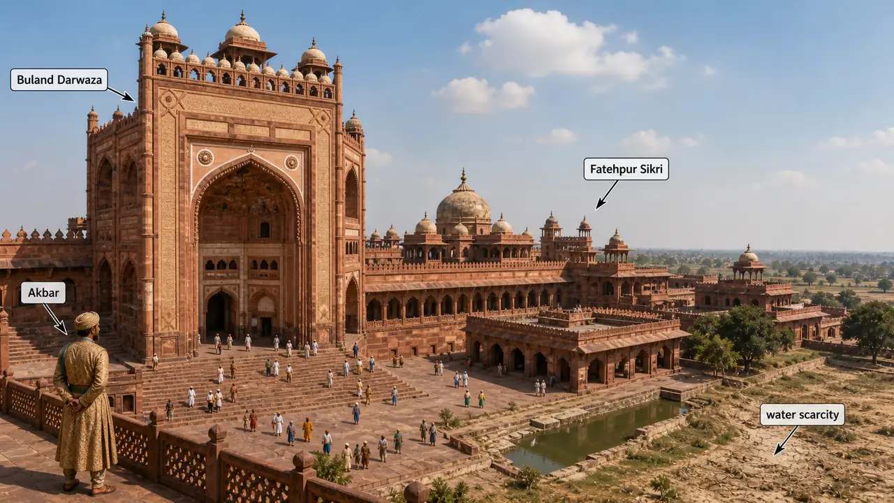 Fatehpur Sikri in Uttar Pradesh showing Buland Darwaza, Akbar's capital complex, and the water-scarcity setting
