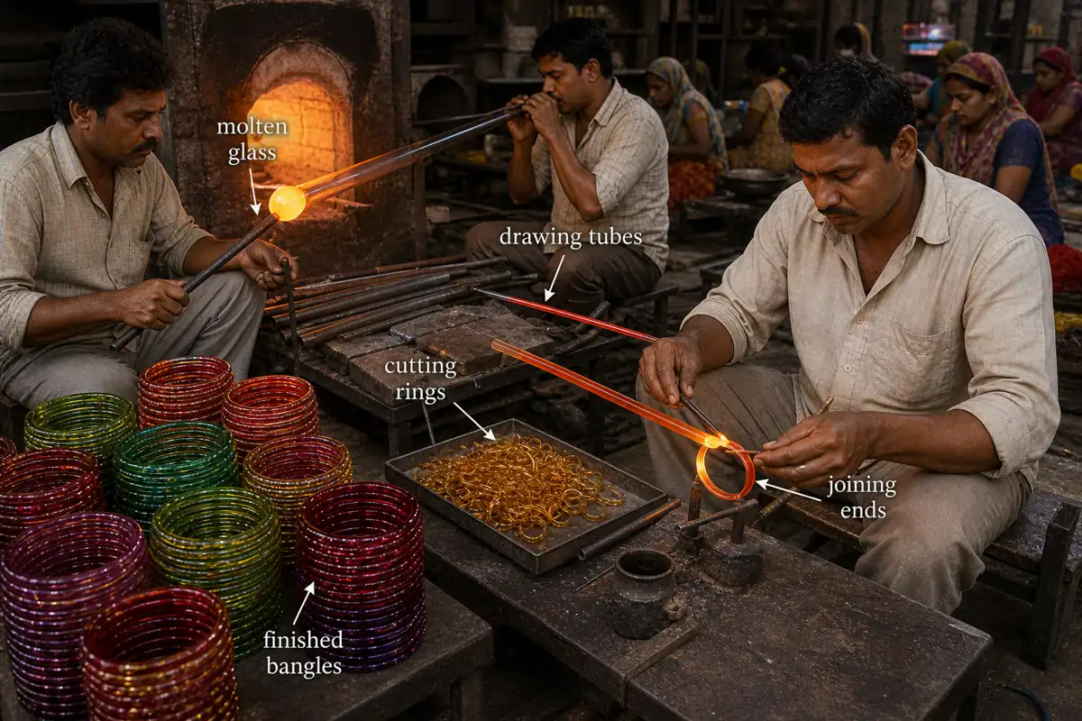 Firozabad glass bangle process showing molten glass, drawing tubes, cutting rings, joining ends, and finished bangles