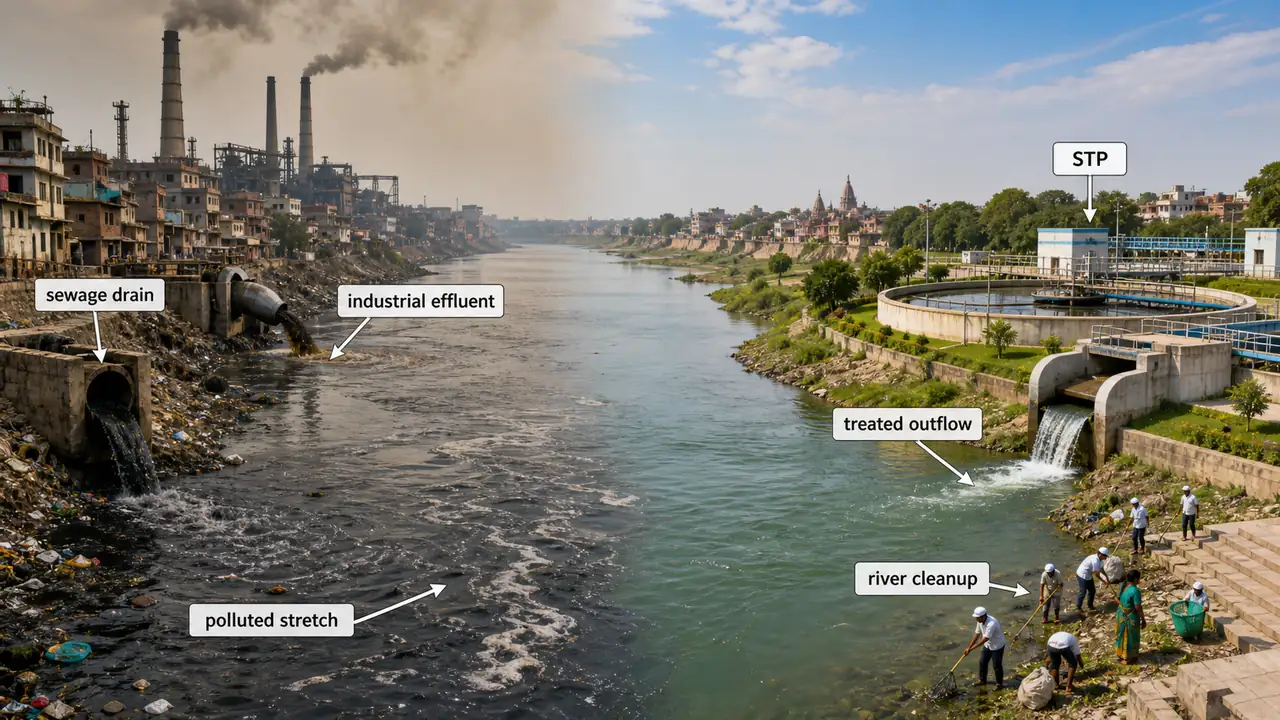 Ganga pollution in Uttar Pradesh showing sewage drain and industrial effluent contrasted with STP treatment and treated outflow
