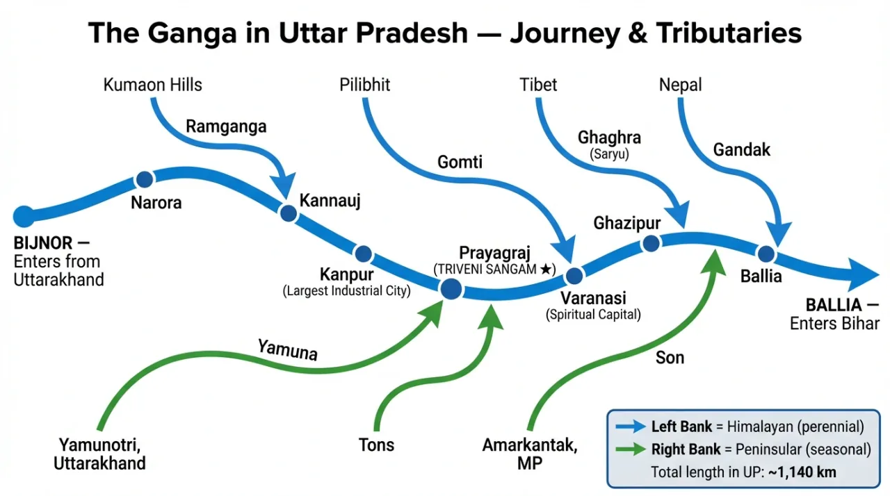 Ganga river journey through Uttar Pradesh showing its route, major tributaries, and major cities from Bijnor to Ballia