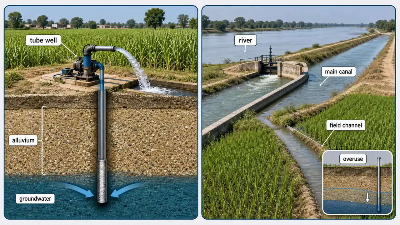Gangetic Plain irrigation comparison showing tube well groundwater from alluvium, canal water distribution from river, and groundwater overuse concern in western Uttar Pradesh