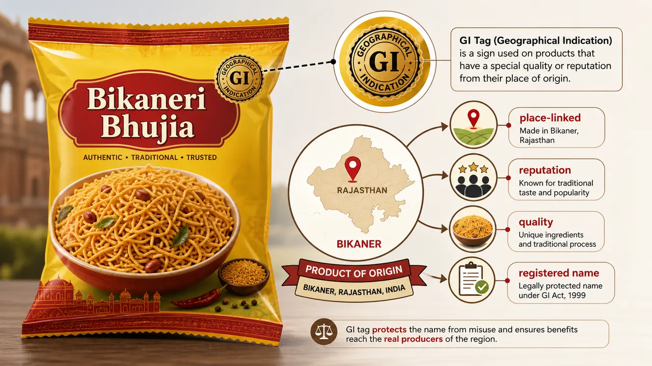 GI tag meaning explained with a Bikaneri Bhujia package example and place-linked product identity