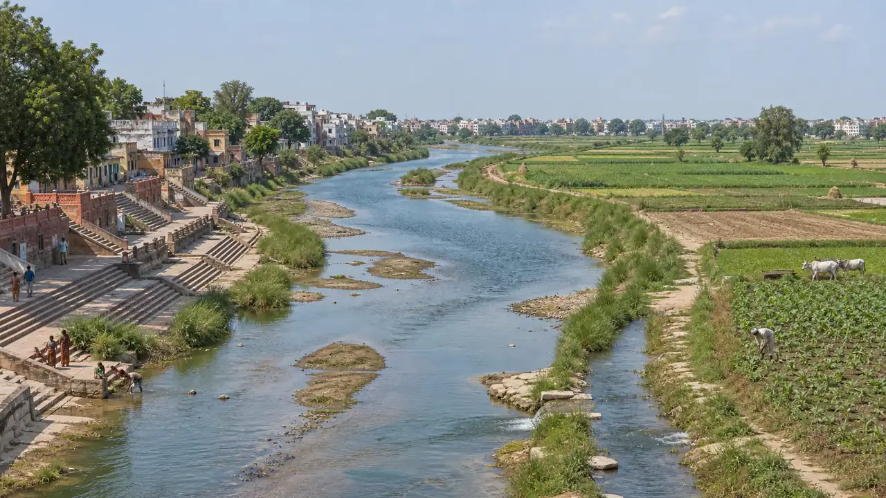 Gomti plains river in central Uttar Pradesh with shallow dry-season flow and nearby farmland