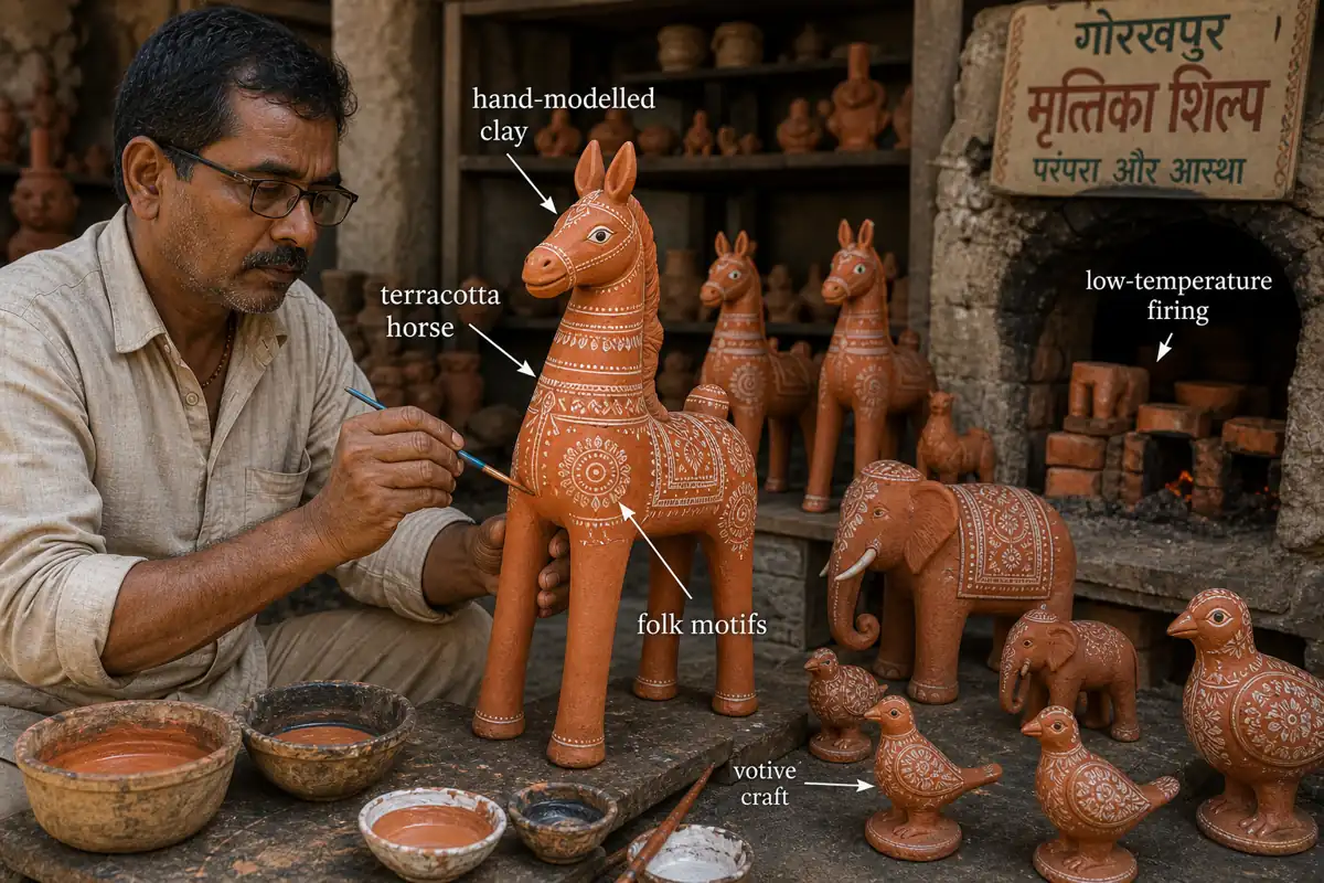 Gorakhpur terracotta craft showing a hand-modelled horse, folk motifs, low-temperature firing, and other votive figurines