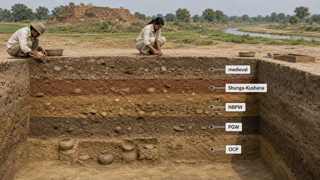 Archaeological layers at Hastinapur in Meerut district showing OCP, PGW, NBPW, Shunga-Kushana, and medieval levels