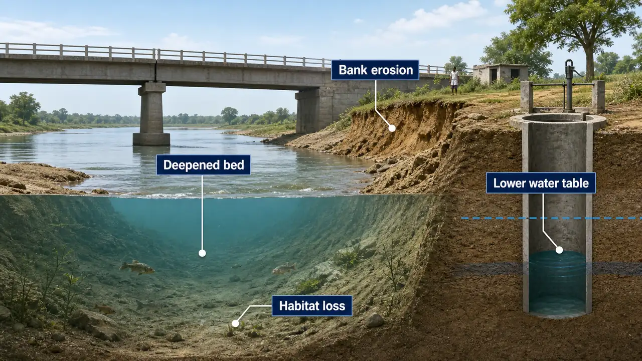 Illegal river sand mining impacts showing deepened bed bank erosion and lower water table