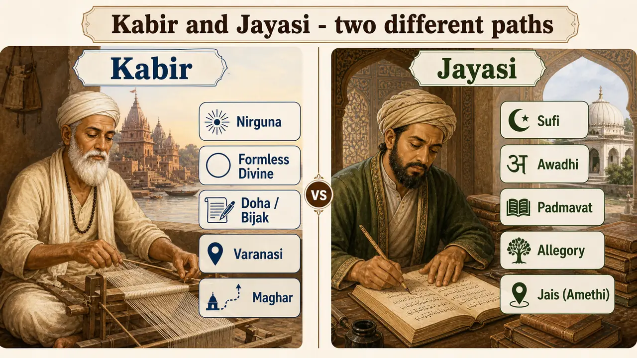 Comparison of Kabir and Jayasi showing Nirguna Bhakti, Bijak, Varanasi and Maghar on one side and Sufi Awadhi Padmavat tradition of Jais on the other