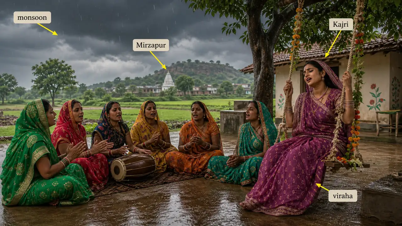 Kajri folk song tradition in Mirzapur during monsoon season in Uttar Pradesh