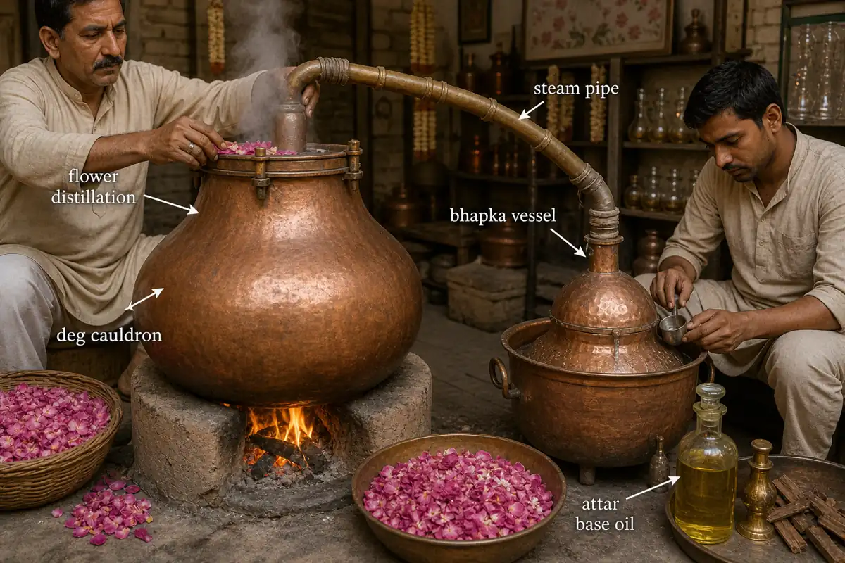 Kannauj attar distillation using the deg-bhapka method with a copper deg cauldron, steam pipe, bhapka vessel, flower distillation, and attar base oil