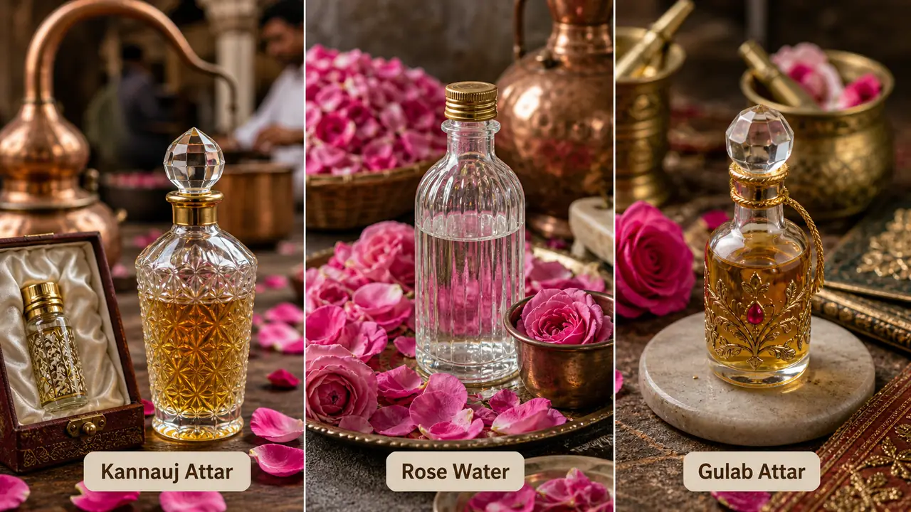 Kannauj fragrance GI products shown realistically with attar, rose water and gulab attar bottles