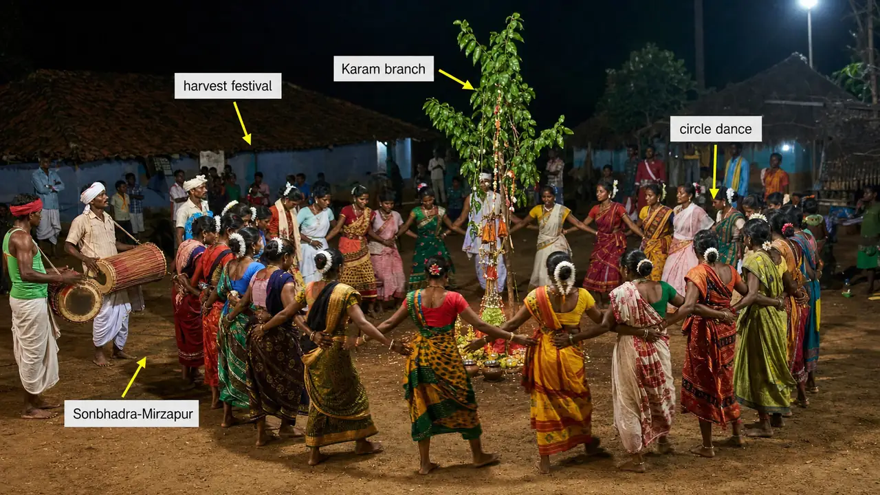 Karma dance harvest festival with circle dance around Karam branch in Sonbhadra Mirzapur Uttar Pradesh