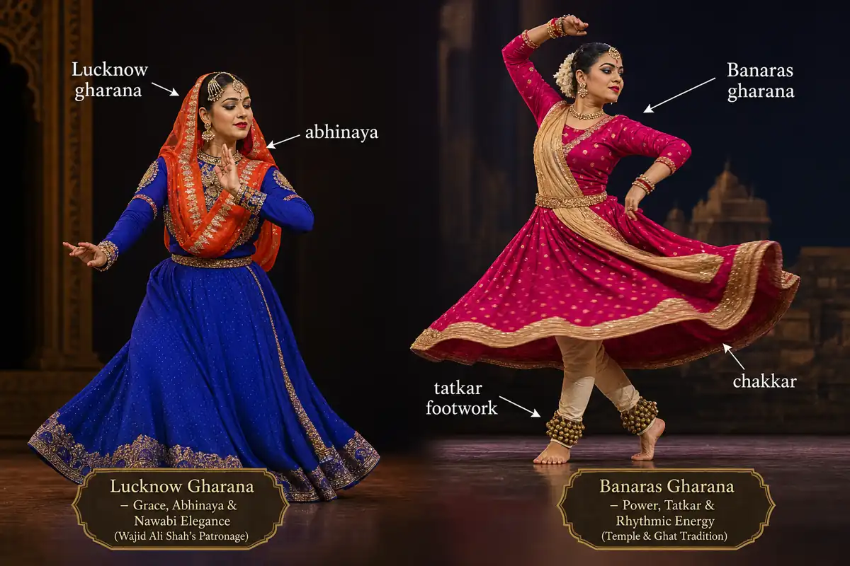 Kathak comparison showing Lucknow gharana with abhinaya and Banaras gharana with tatkar footwork and chakkar
