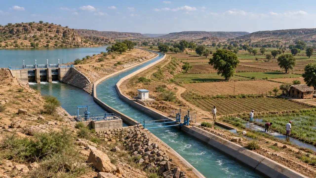 Ken Betwa river link concept showing reservoir canal and Bundelkhand irrigation fields