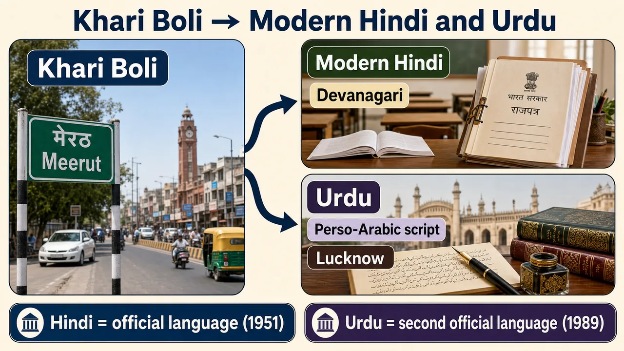 Khari Boli link to modern Hindi and Urdu with Hindi official language and Urdu second official language in Uttar Pradesh
