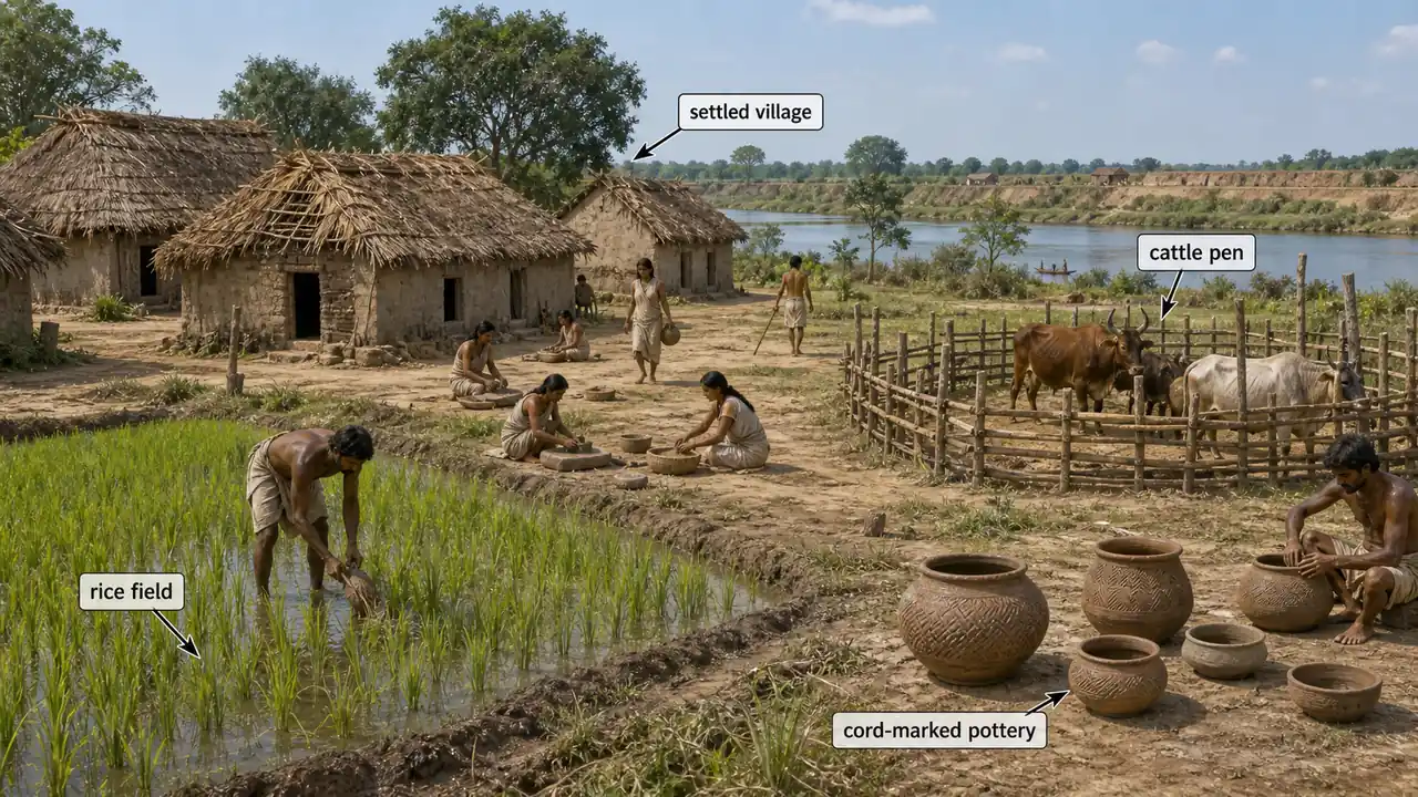 Neolithic Koldihwa settlement in Uttar Pradesh showing rice field, cattle pen, cord-marked pottery, and settled village life
