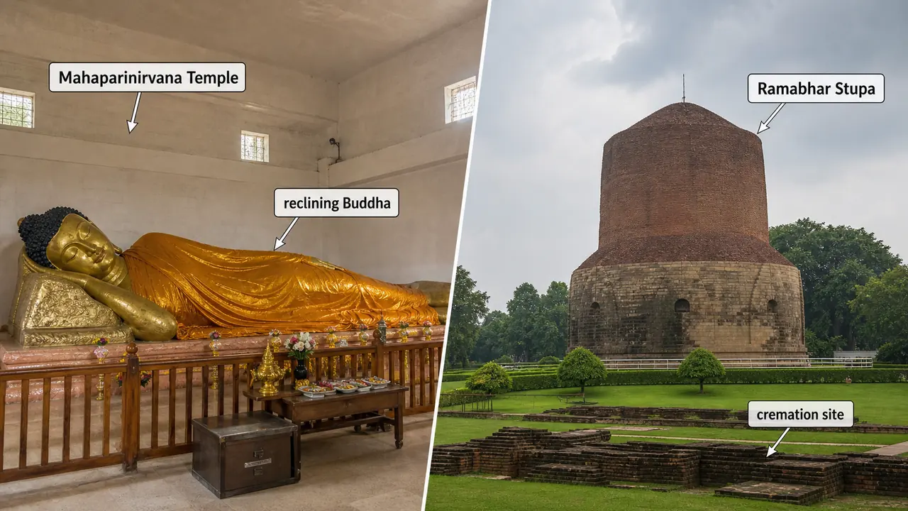 Kushinagar Buddhist site in Uttar Pradesh showing the Mahaparinirvana Temple reclining Buddha and Ramabhar Stupa cremation site
