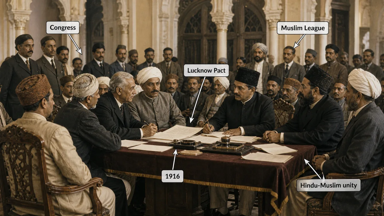 Lucknow Session of 1916 showing Congress and Muslim League leaders reaching the Lucknow Pact in Uttar Pradesh