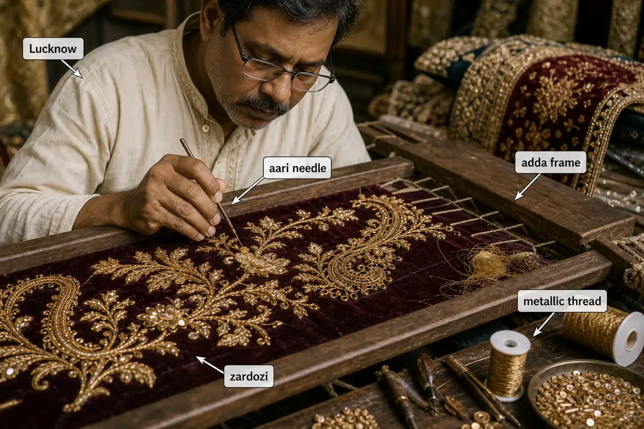 Lucknow Zardozi embroidery in progress showing the adda frame, aari needle, metallic thread, and rich ceremonial fabric