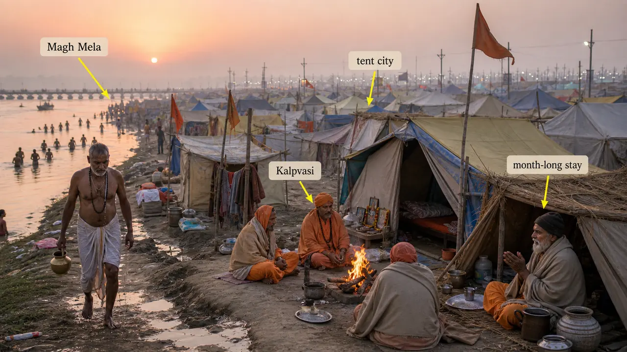 Magh Mela Kalpvasi tent city at Prayagraj showing month-long camp life during Magh in Uttar Pradesh