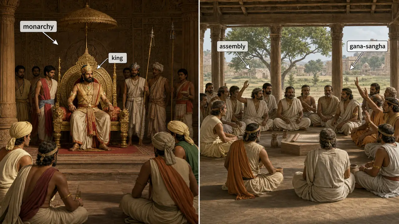 Mahajanapada period government comparison showing monarchy with a king and republic gana-sangha with an assembly of chiefs