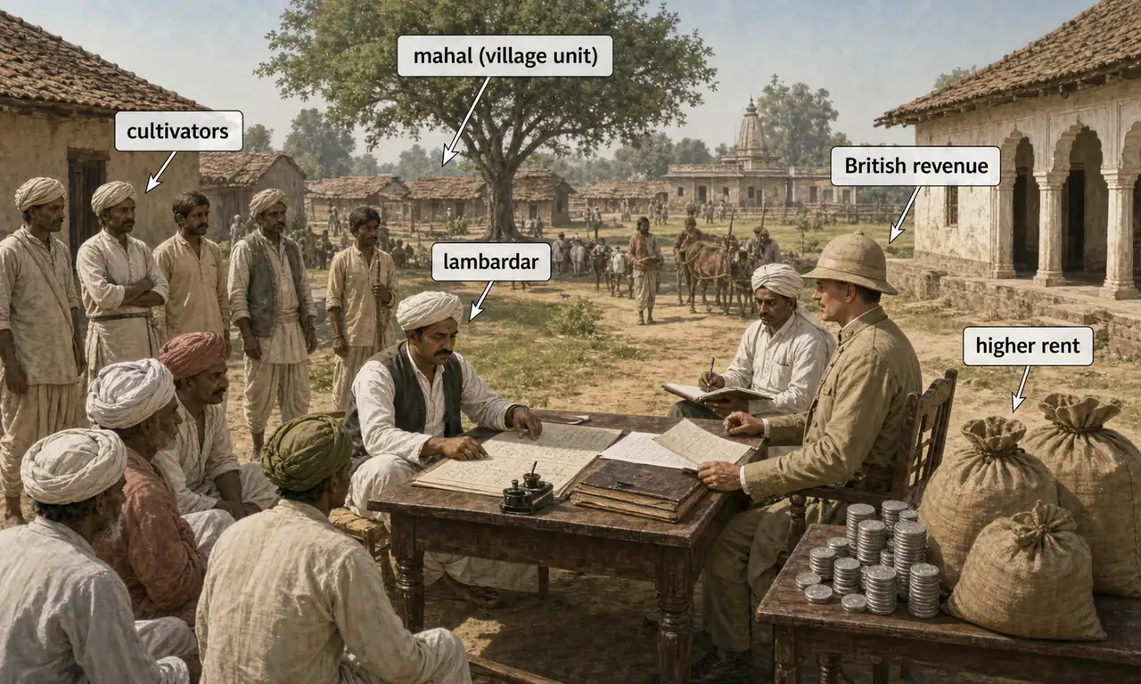 Mahalwari land revenue system in Uttar Pradesh showing cultivators, the lambardar, and British revenue collection from the village unit