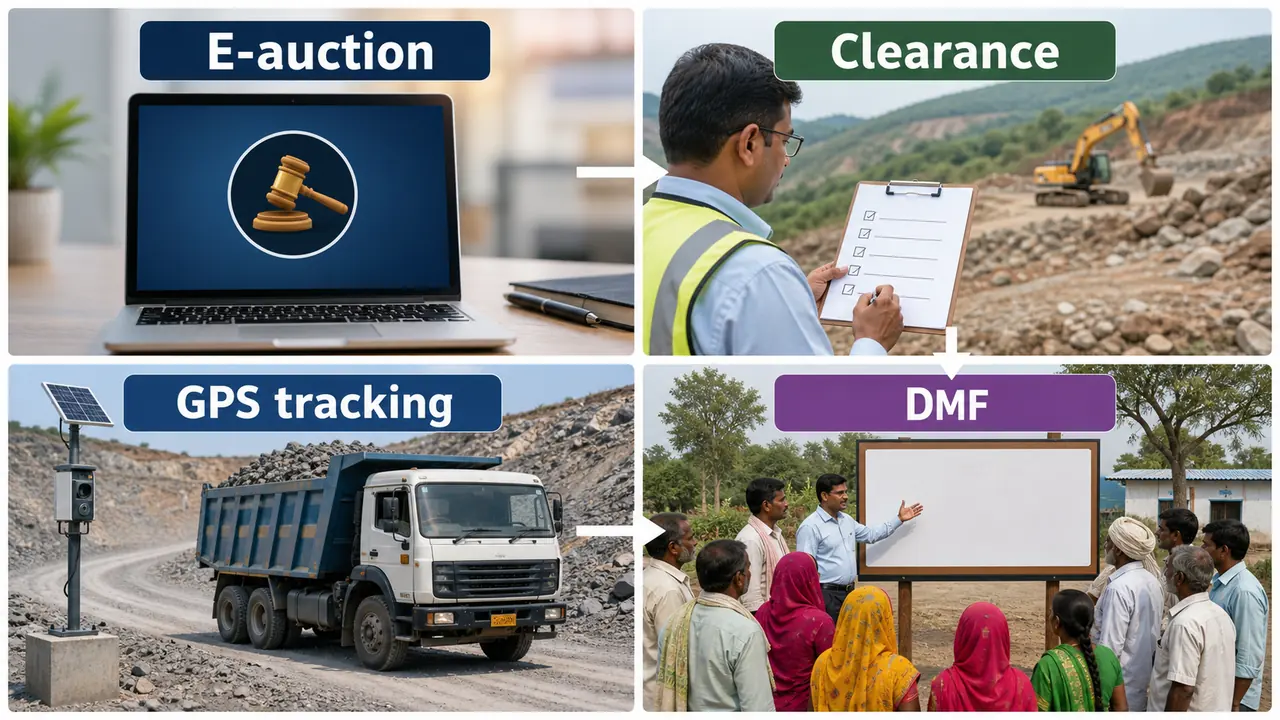 UP mining policy tools showing e-auction clearance GPS tracking and DMF welfare