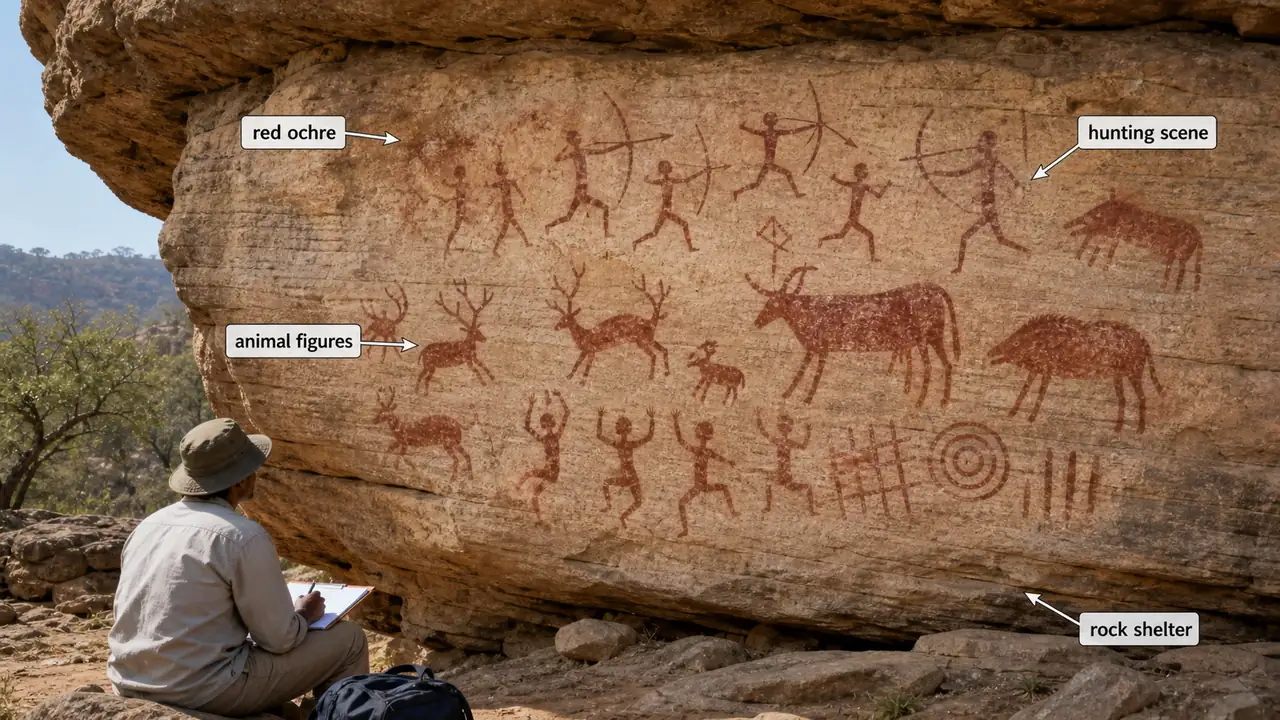 Vindhyan region rock paintings in Mirzapur showing red ochre hunting scenes, animal figures, and a prehistoric rock shelter in Uttar Pradesh